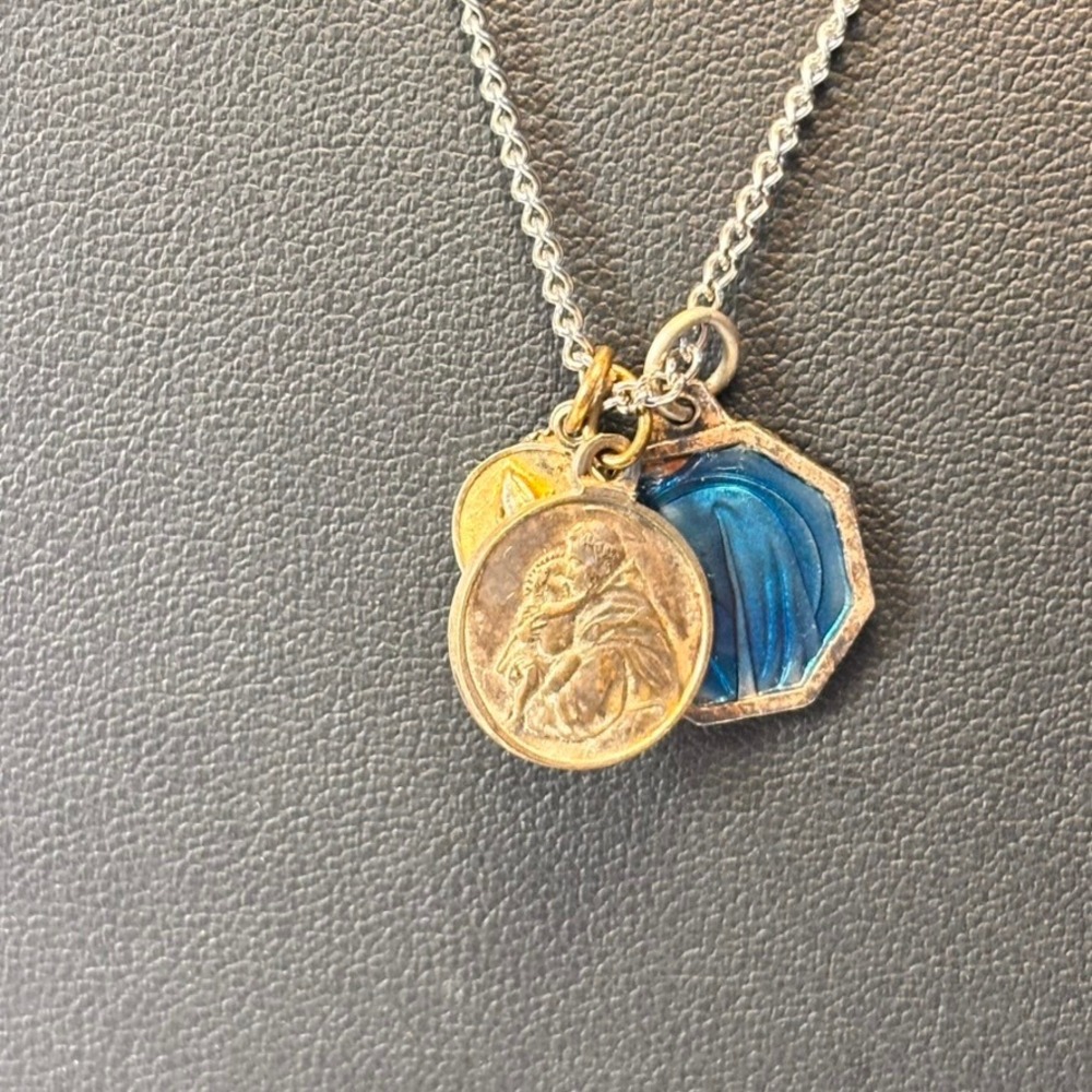 Vintage Religious Charm Necklace Blue Silver Gold Medals Serenity Prayer Boho